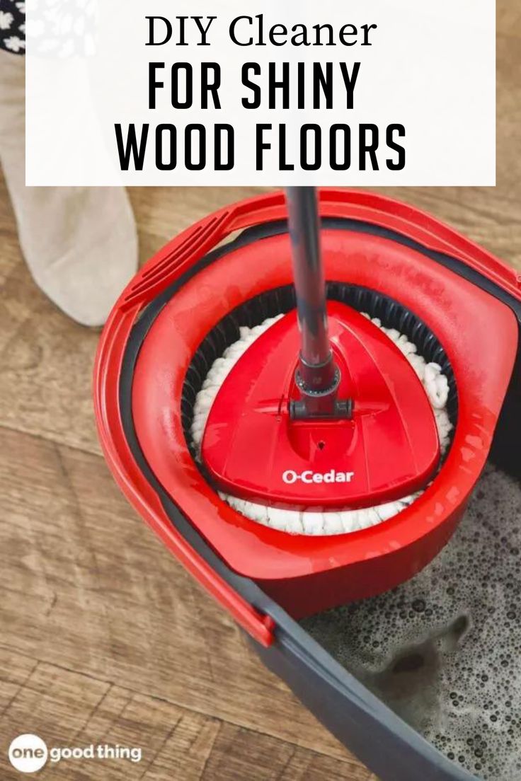 a red and black mop with the words diy cleaner for shiny wood floors