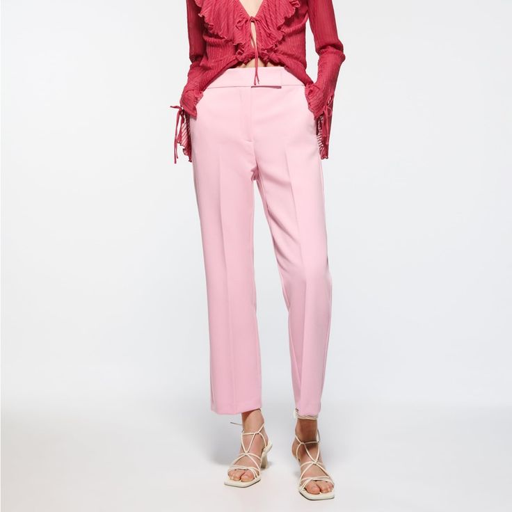 New With Tags Zara Pink Mini Flare Pants. Size Xs. Ref. 1478/041 Tailored Ankle-length Summer Bottoms, Tailored High-waisted Dress Pants For Spring, Spring Party Pantsuit With High-waisted Pants, Fitted Ankle-length Pants For Summer, Chic Straight Leg Spring Pants, Chic Straight Leg Pants For Spring, Chic Tailored Pink Pants, Fitted Bottoms For Spring, Tailored Chic Pink Pants