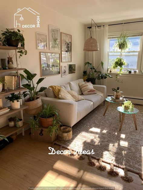 a living room filled with furniture and lots of plants