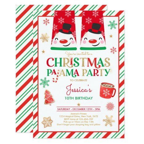 a christmas party with two santas on the front and green and red striped background