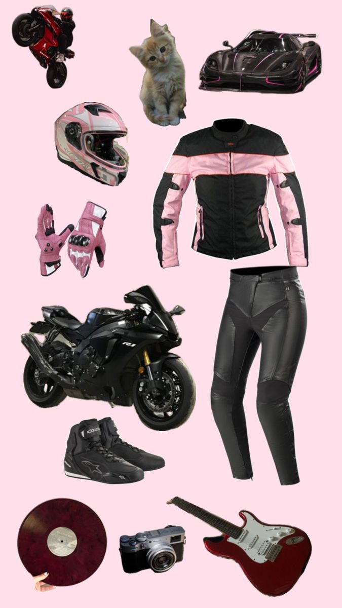 a pink background with motorcycle gear and a cat