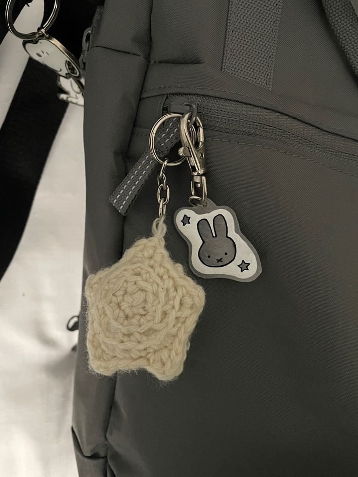 a close up of a bag with a keychain attached to the front pocket