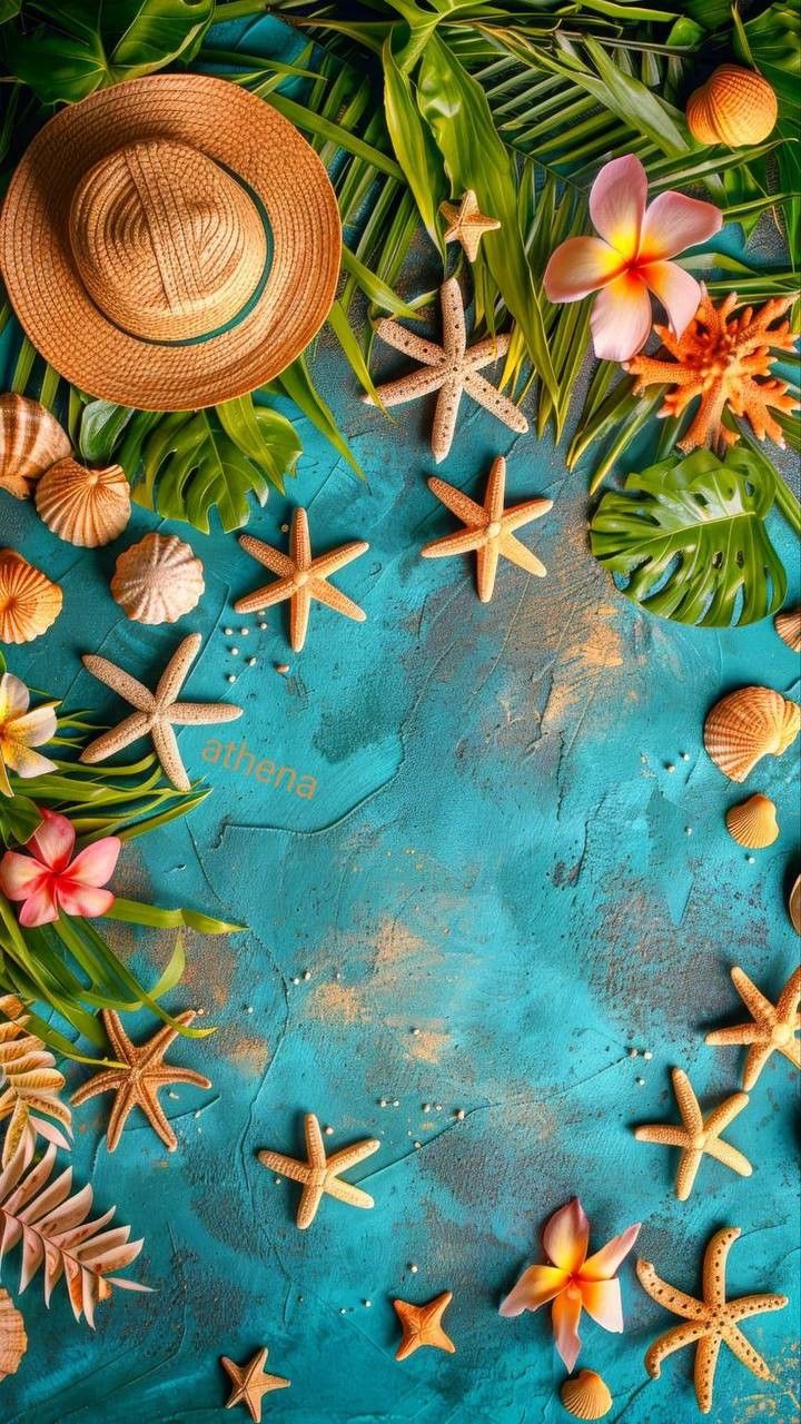 an overhead view of various seashells and starfish on a blue background with palm leaves