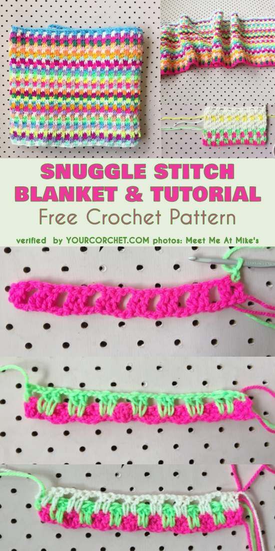 the crochet pattern is shown with text that reads, snuggle stitch blanket and