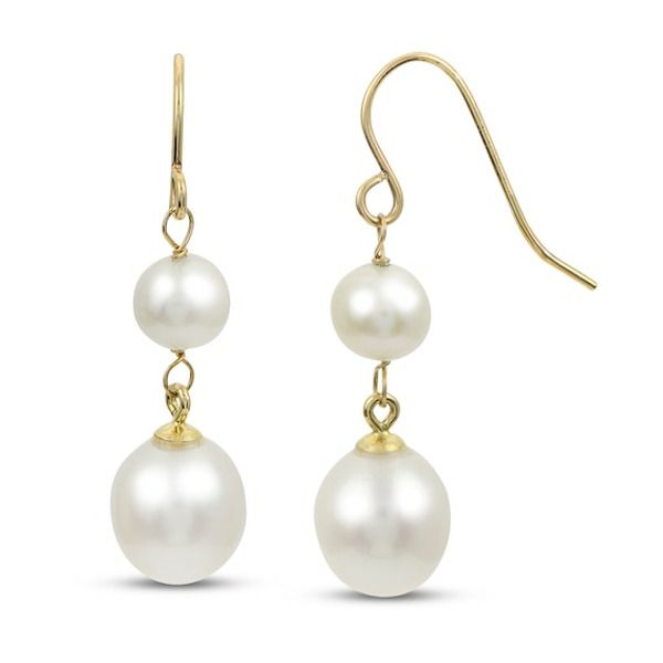 These gorgeous dangle earrings for her feature a tiered design set in classic 14K yellow gold. The earrings are accented by two gorgeous freshwater cultured pearls on each. The earrings secure with fish hook backs. Classic Yellow Gold Bridal Earrings With Elegant Design, Classic Elegant Dangle Jewelry, Classic Yellow Gold Drop Pearl Earrings, Yellow Gold Dangle Bridal Earrings For Formal Occasions, Formal Fine Jewelry Pearl Earrings With Ear Wire, Classic Dangle Jewelry With Elegant Design, Formal Yellow Gold Dangle Bridal Earrings, Formal Yellow Gold Bridal Dangle Earrings, Elegant Hypoallergenic 14k Gold Pearl Earrings