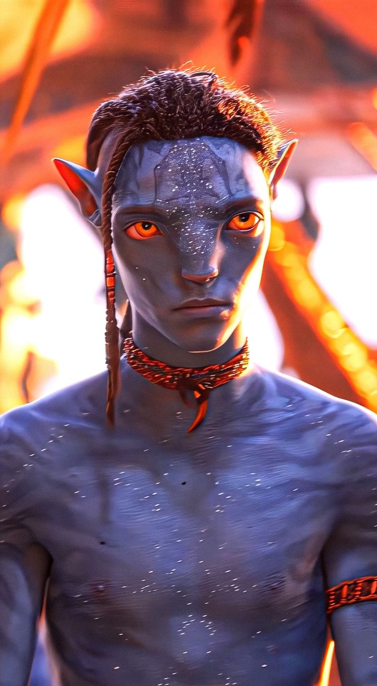 an animated avatar with orange eyes and long hair, wearing silver paint on his body