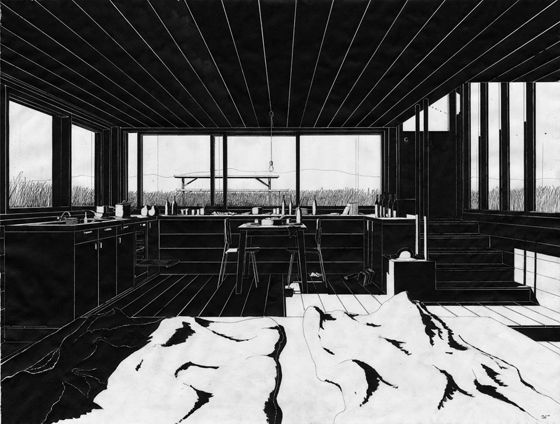 a drawing of a room with lots of windows