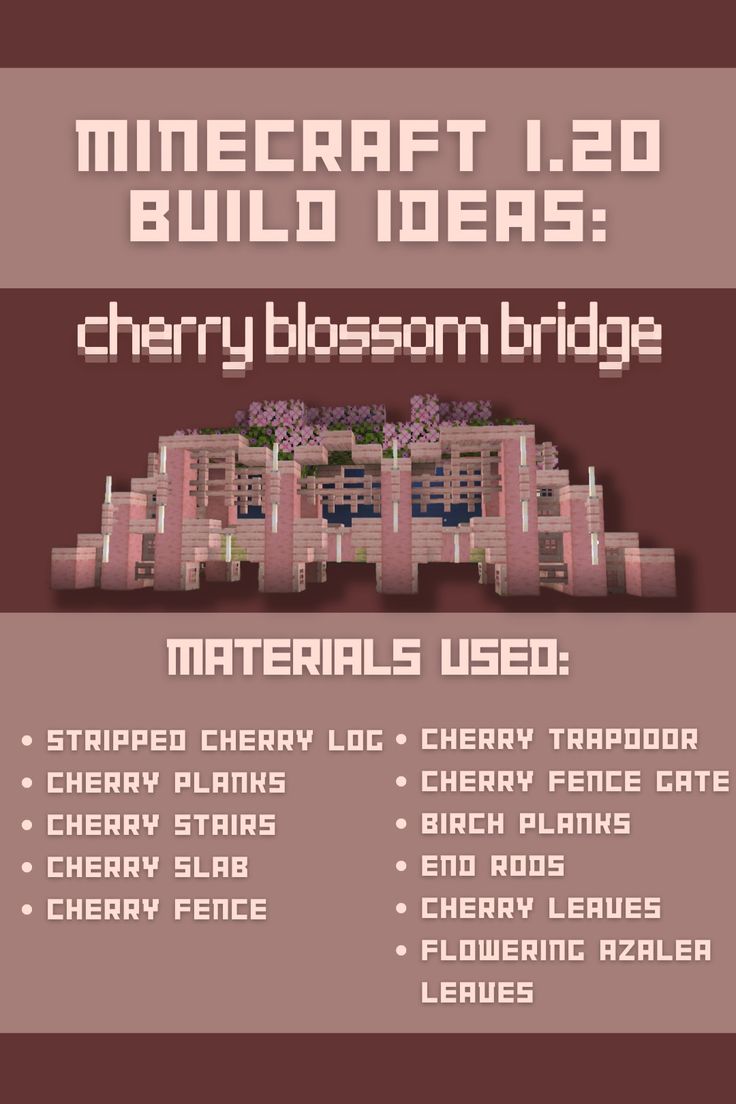 an old school video game poster with the words, minecraft 1 0 build ideas cherry blossom bridge