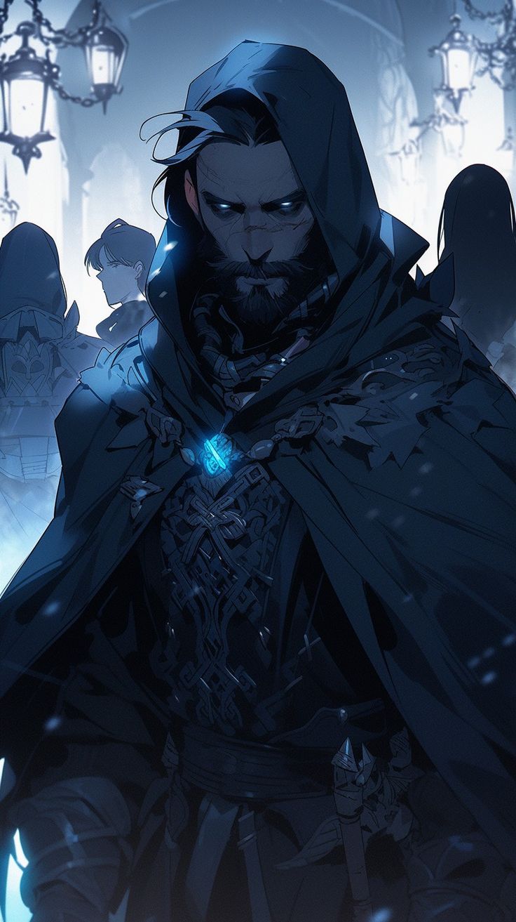 an image of a man with a cloak on his head and lights in the background