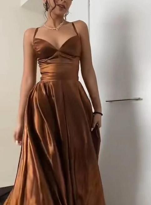 Brown Dresses Silk, Brown Dress For Prom, Orange Brown Prom Dress, Brown Silk Dress Long, Orange Brown Dress, Brown Silk Dresses, Brown Silk Prom Dress, Prom Brown Dress, Vestidos Color Cobre