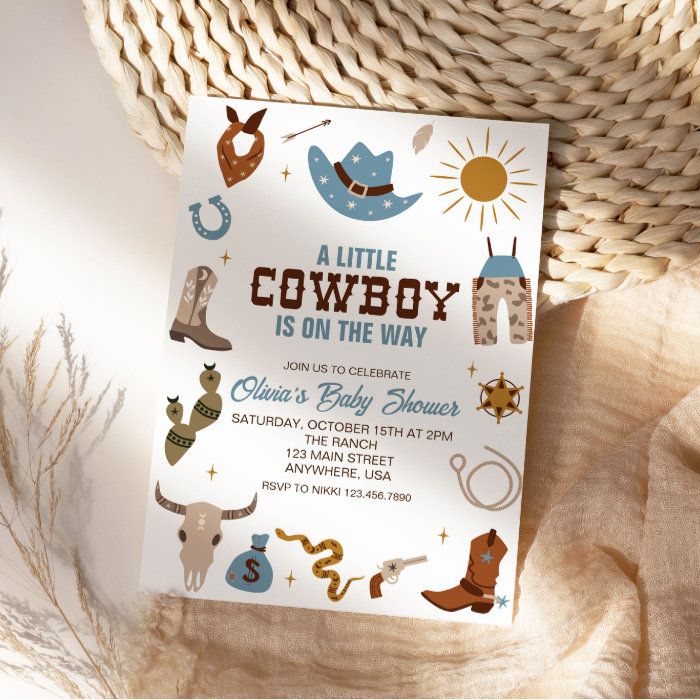 a little cowboy is on the way baby shower or birthday party printables are available