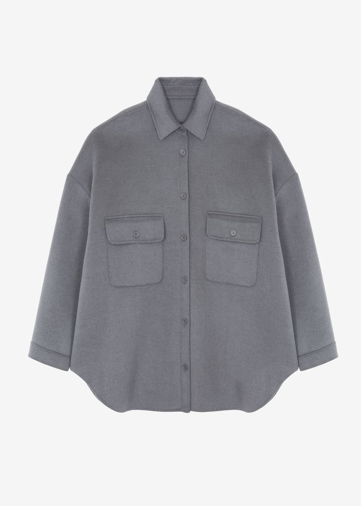 Color: Grey Lightweight wool blend fabric Oversized fit Pointed collar Drop shoulders Enlarged pocket detailing Button cuffs Curved hem Front button closure Unlined 80% Wool 20% Polyamide Dry Clean By The Frankie Shop. Imported Wool Overshirt, The Frankie Shop, Frankie Shop, Oversized Fits, Drop Shoulder, Wool Blend, Dallas, Dry Clean, Sleeve Length