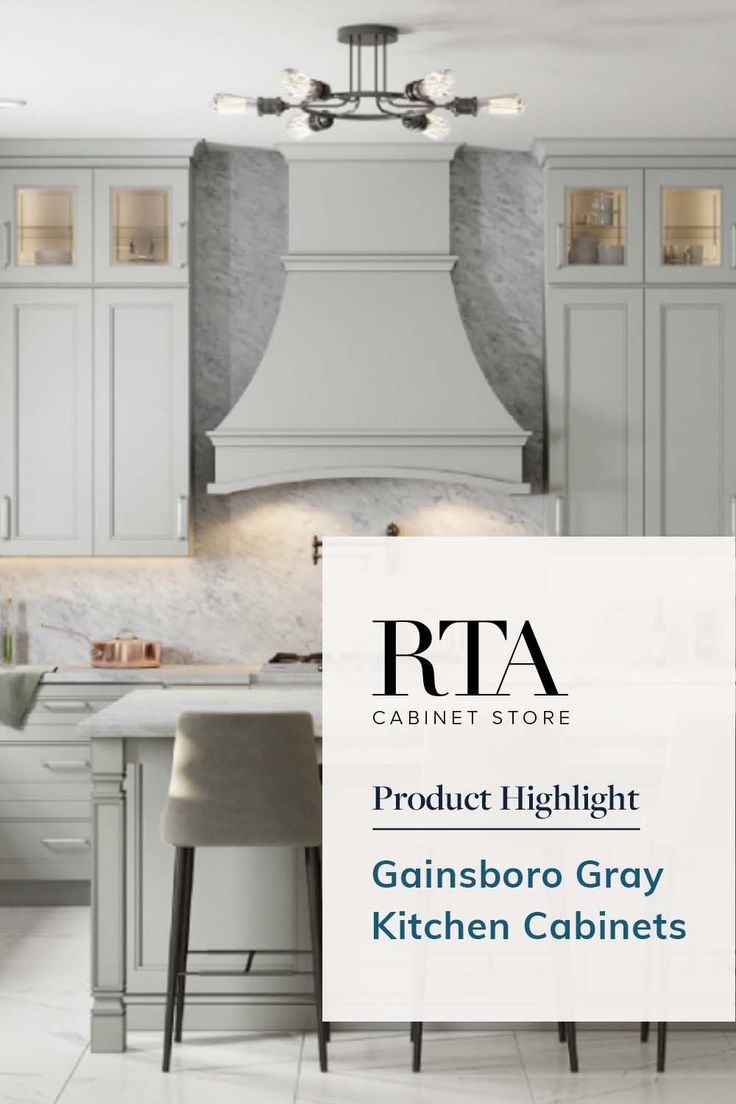 an image of a kitchen with white cabinets and gray counter tops in the background is text that reads rta product highlight gainsbroo gray kitchen cabinets