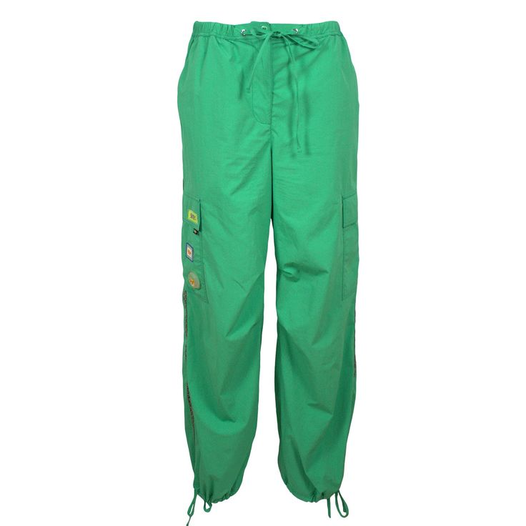 Eyecatching super comfy green cargo pants!   Designed in super-relaxed shape cargo pants featuring slip pockets to the sides, two side cargo pockets, concealed front fastening, elasticated drawstring waistband, and side grosgrain detailing  These pants make a great duo with our "White V-Neck Long Sleeve Logo T-Shirt" for extra fun! Care: Delicate wash 30 degrees Composition: 100% Nylon Green Outdoor Bottoms With Functional Drawstring, Green Bottoms With Functional Drawstring For Outdoor, Green Utility Parachute Pants With Cargo Pockets, Green Parachute Pants With Relaxed Fit And Elastic Waistband, Green Relaxed Fit Parachute Pants With Elastic Waistband, Green Parachute Pants With Elastic Waistband, Relaxed Fit, Green Parachute Pants With Elastic Waistband For Streetwear, Green Sweatpants With Drawstring, Green Wide Leg Sporty Parachute Pants