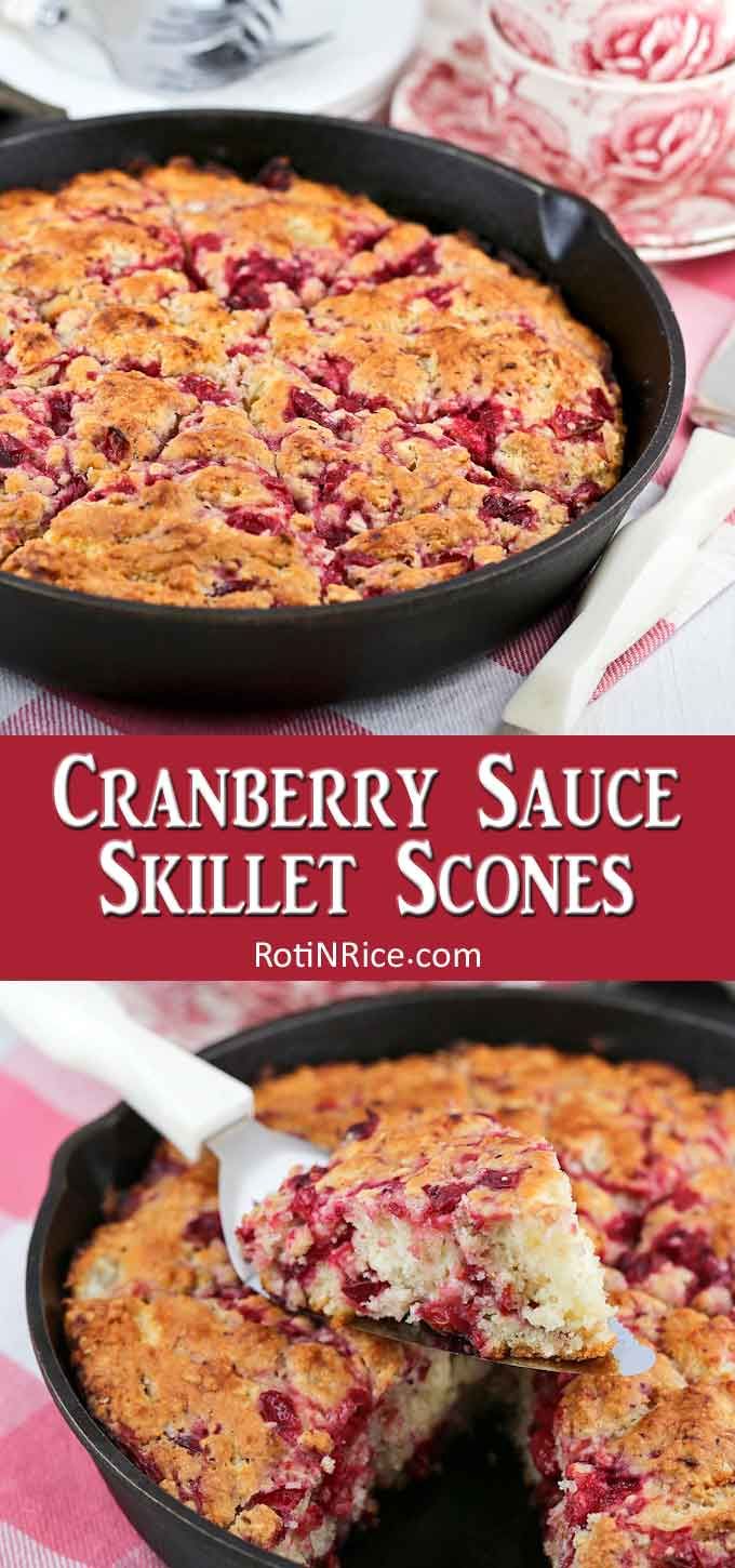 cranberry sauce skillet scones in a cast iron pan with a serving spoon