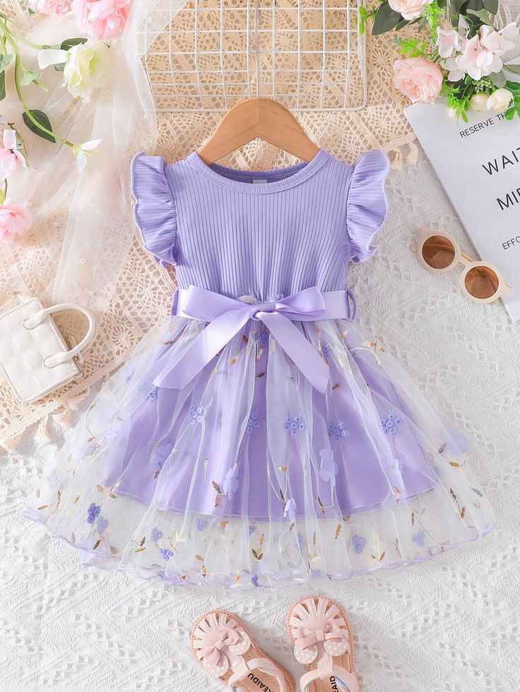 Purple  Collar   Floral A Line Embellished Medium Stretch  Baby Girls Clothing Summer Sleeveless Dress, Patchwork Baby, Purple Collar, Sleeveless Dress Summer, Capped Sleeve Dress, Flower Embroidery, Embroidery Flowers