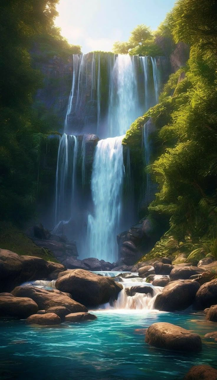 a painting of a waterfall in the woods