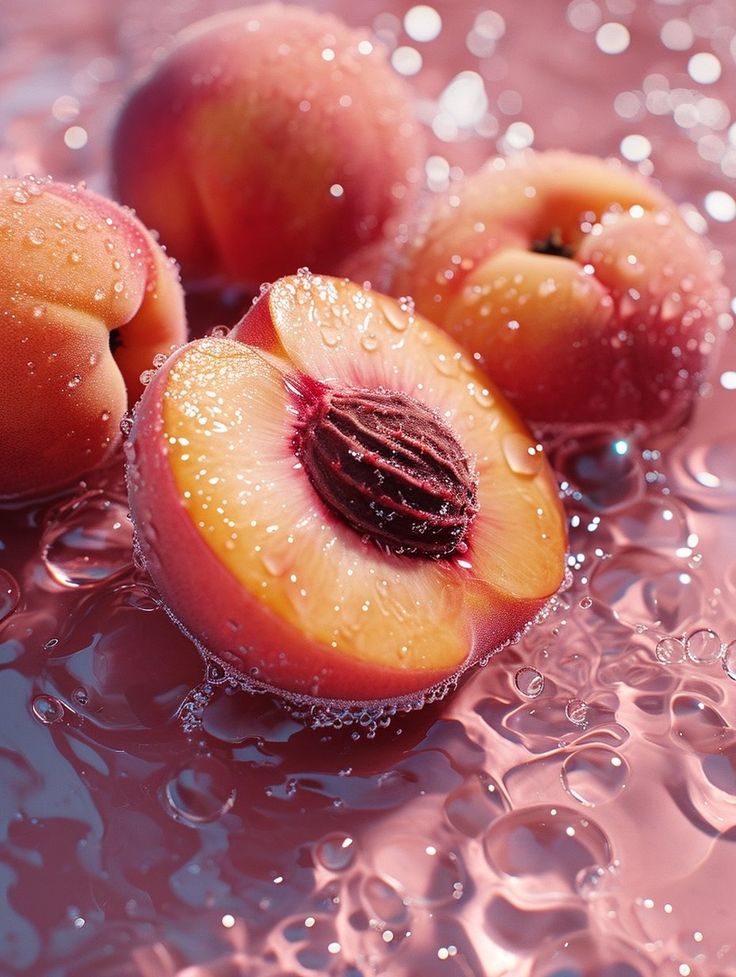 three pieces of peaches sitting on top of a pink liquid covered surface with water droplets