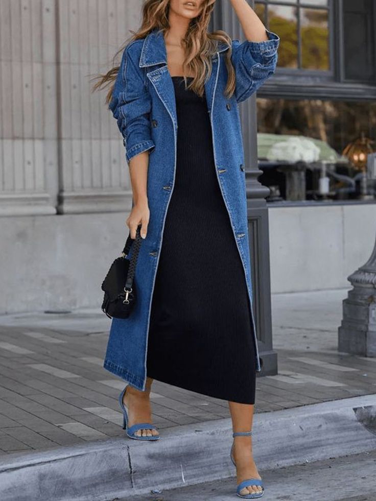 Stylewe offers stylish and concessional Denim Coats.. SPU: 11SDE8D4D2B, Color: Blue, Edition type:Loose, Thickness:Regular. Womens Denim Duster, Long Denim Jacket, Moda Denim, Denim Trench Coat, Blue Trench Coat, Long Jeans, Style Upgrade, Loose Outfit, Turndown Collar