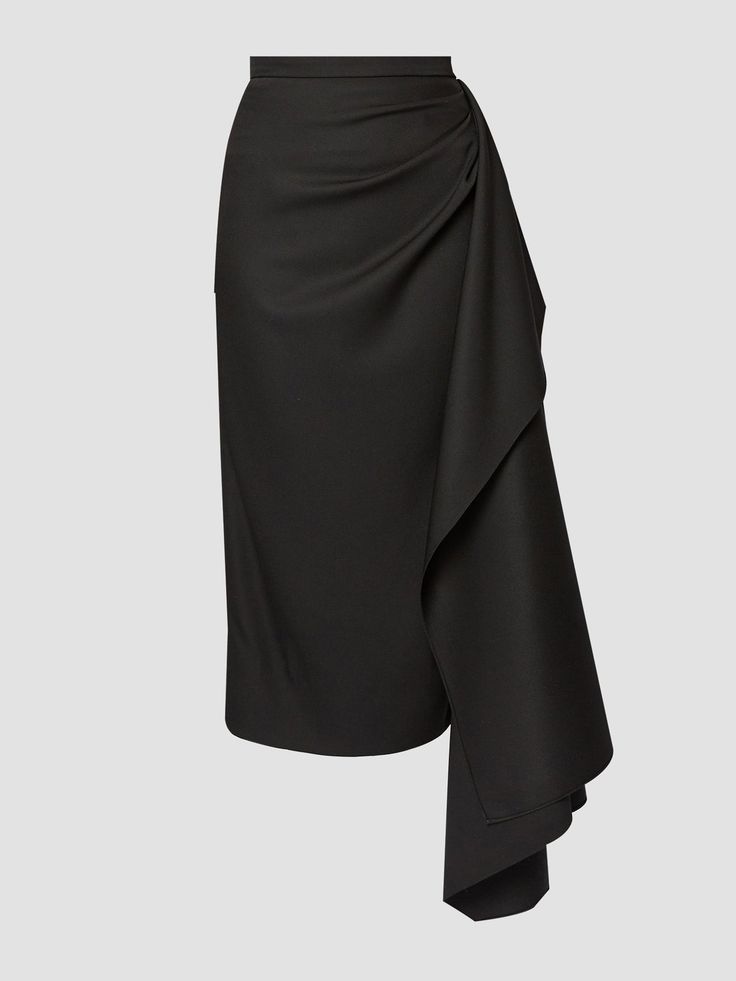 Cut from grain de poudre, this pencil skirt receives a contemporary update by way of a dramatic draped detail. In classic black, it will make a versatile addition to any work-to-weekend wardrobe. This pencil skirt has a drape detail and side vent. It has centre back invisible hook eye, and zip fastenings and is fully lined in black silk crepe de chine. Fits true to size. Model is 5'10" and wears a size UK 6. 100% Virgin Wool. Lining: 100% Silk. Do Not Machine Wash. Delicate Dry Clean. Do Not Bleach. Do Not Tumble Dry. Cool Iron on Reverse. Draped Skirt Pattern, Draping Skirt, Structured Skirt, Twisted Skirt, Draped Skirt, Cap Fashion, Black Pencil Skirt, Weekend Wardrobe, Silk Crepe