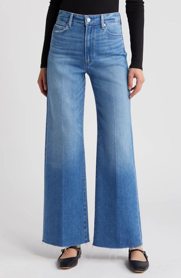 PAIGE Anessa High Waist Raw Hem Wide Leg Jeans | Nordstrom Dark Wash Relaxed Fit Mid-rise Flare Jeans, Denim Flare Jeans With Frayed Hem For Fall, Medium Wash High Rise Relaxed Fit Flare Jeans, Wide Leg Medium Wash Cropped Jeans For Fall, Medium Wash Wide Leg Cropped Jeans For Fall, Everyday Stretch Wide Leg Jeans, Stretch Wide Leg Jeans For Everyday, Chic Medium Wash Full-length Jeans, Chic Medium Wash Full Length Jeans