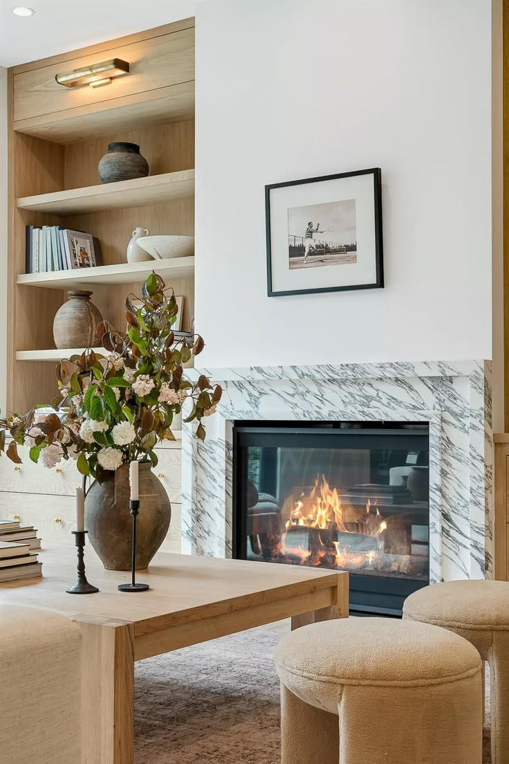 a living room filled with furniture and a fire place next to a book shelf full of books