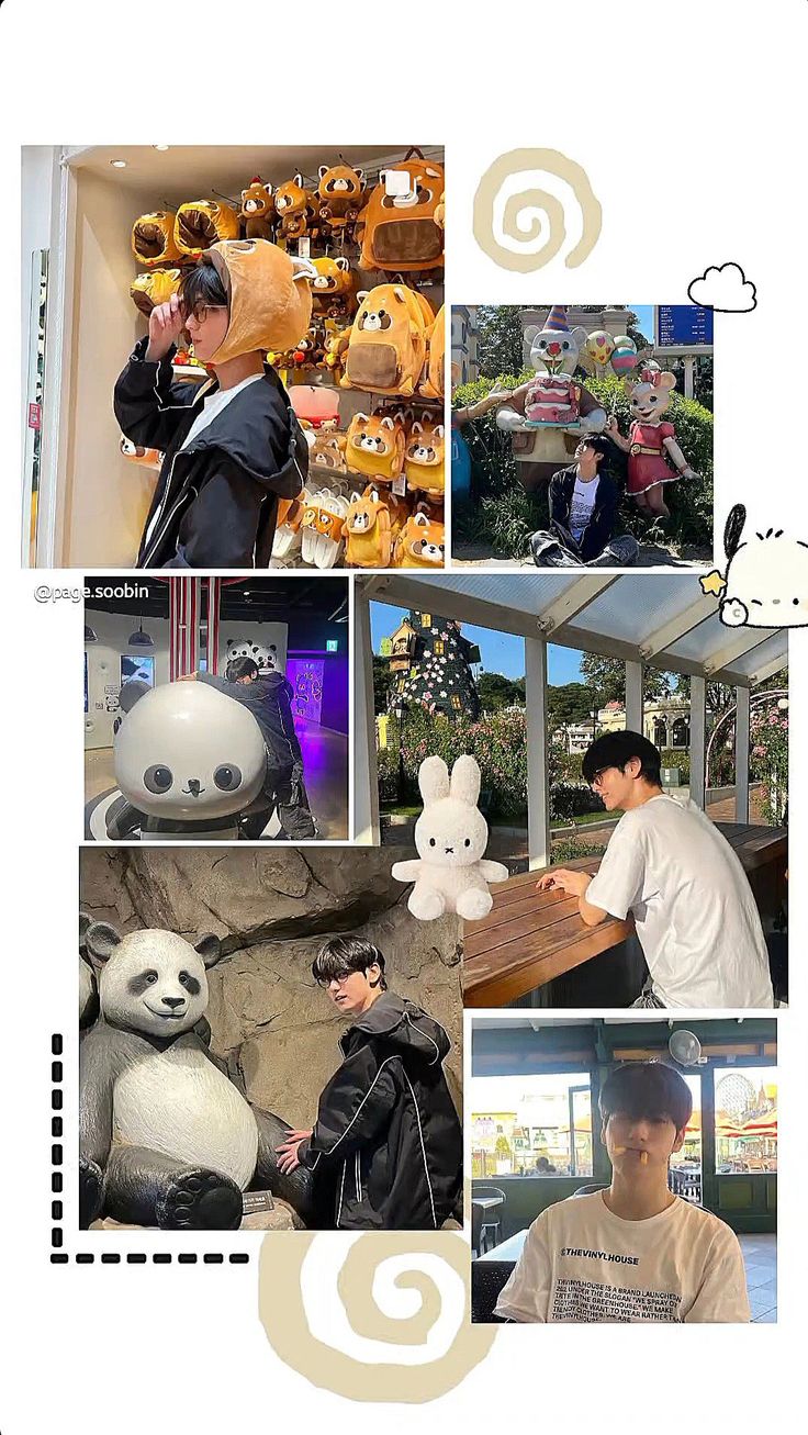 a collage of photos with people and stuffed animals in them, including pandas