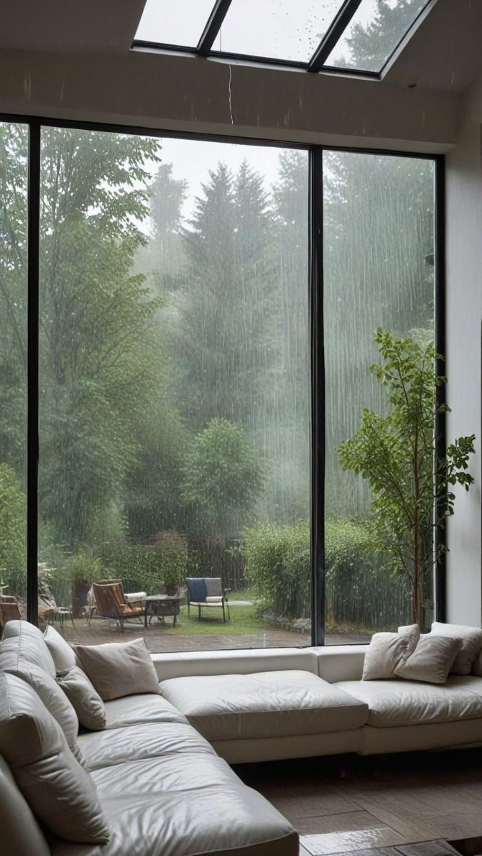 a living room filled with lots of furniture and large windows covered in rain pouring down on the trees