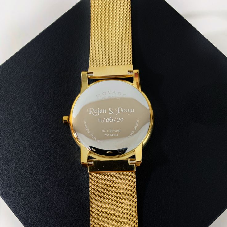 Nothing is more personalized than a custom engraved watch. Get a love note engraved on a watch to make the perfect gift for him! #giftideas #giftideasforhim #engravedgifts #personalizedgifts Quotes To Engrave On A Watch, Classic Engraved Watch Accessories For Gift, Engraving On Watches For Him, Luxury Engraved Watches As Gift, Rectangular Engraved Watches For Gifts, Engraved Watch, Husband Gifts, Watch Engraving, Love Note