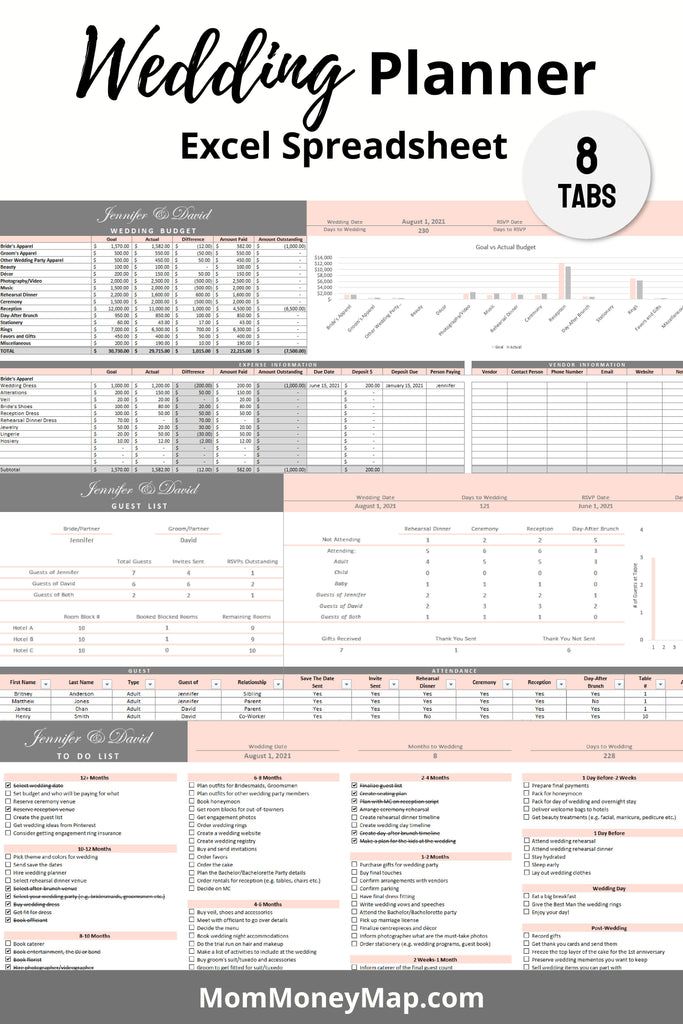 wedding planner excel spreadsheet 8 tabs