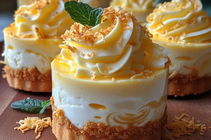 three desserts with white frosting and green leaves