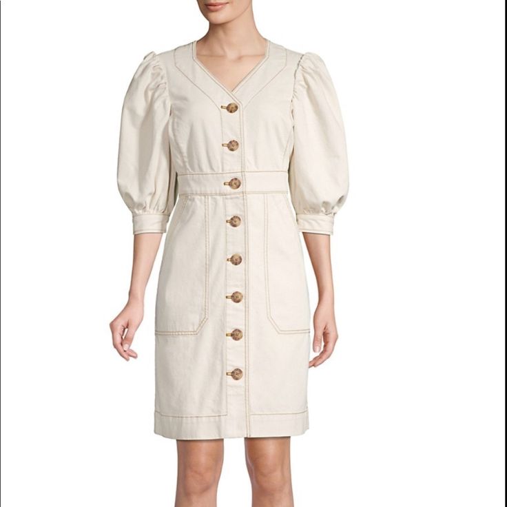 Brand New With Tags - Tory Burch Dress *Cotton *Button Front *V-Neck *Front Pockets *Bust 34in *Waist 27in *Hips 36in *Long 35.5in Elegant Puff Sleeve Dress With Buttons For Daywear, Elegant Puff Sleeve Dress For Daywear With Buttons, Fitted Puff Sleeve Dress With Button Closure For Spring, Puff Sleeve Button-up Work Dress, Button-up Puff Sleeve Dress For Work, Elegant Spring Puff Sleeve Dress With Button Closure, Elegant Button-up Puff Sleeve Dress For Work, Chic Puff Sleeve Dress With Button Cuffs, Puff Sleeve Dress With Button Cuffs For Work