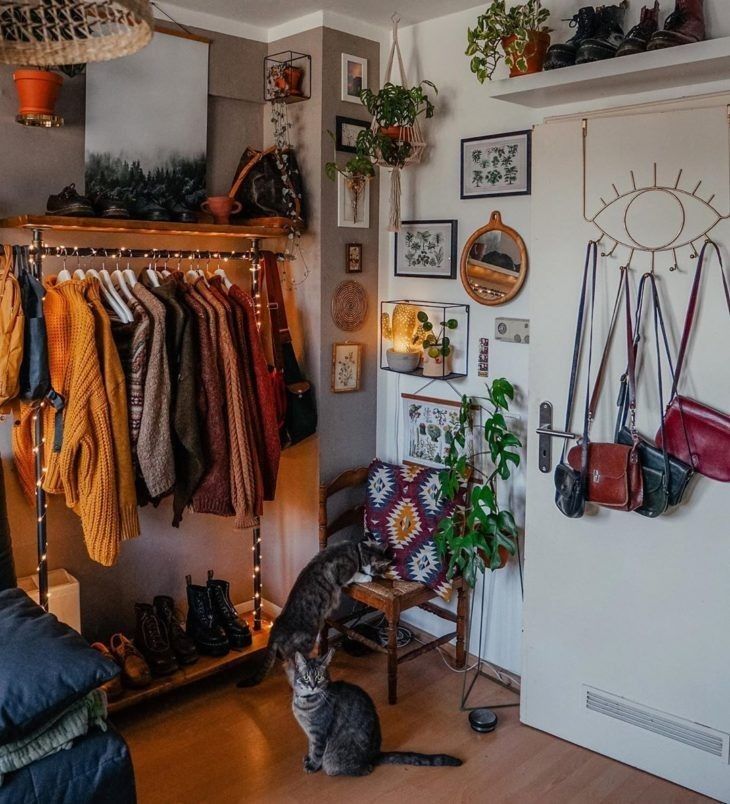 a cat sitting on the floor in front of a closet filled with clothes and purses