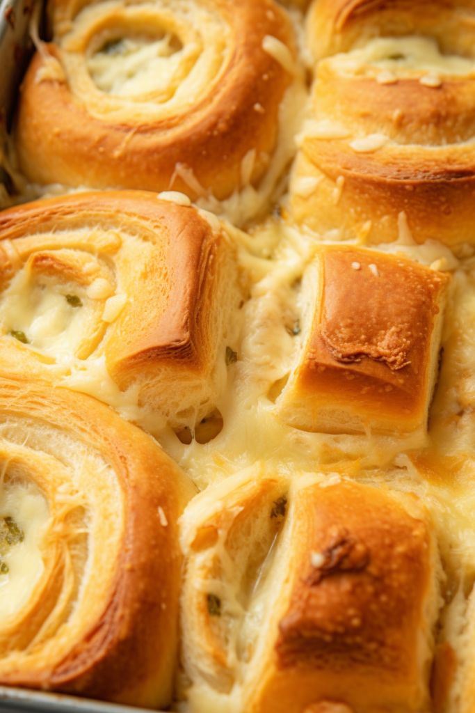 a pan filled with rolls covered in cheese