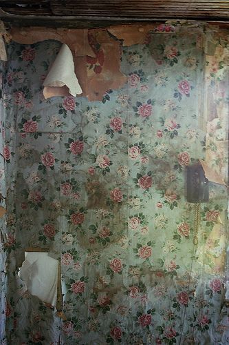 an old bathroom with floral wallpaper and toilet paper