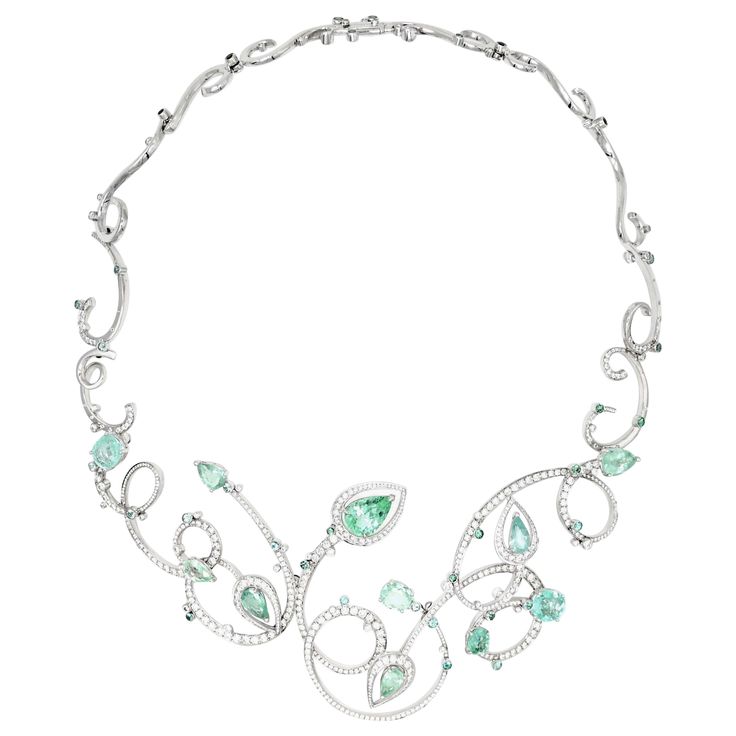 Necklace from the Vincent Michel Haute Joaillerie Collection, made exclusively by hand using traditional jewelry-making methods. This unique piece is crafted in 750 white gold, set with 45 Paraìba tourmalines (including a 4.36cts center stone) and 660 top-quality EF/IF-VVS natural diamonds. This exceptional piece is inspired by the flight of bees foraging on flowers. Their different trajectories are seen as a dance of gentle disorder and elegance. All the elements of this necklace are hand-forge Water Inspired Jewelry, Paraiba Tourmaline Necklace, Floral Necklace Jewelry, Dope Jewelry Accessories, Diamond Jewelry Set, Art Jewelry Design, High Fashion Jewelry, Jewelry Design Drawing, Paraiba Tourmaline