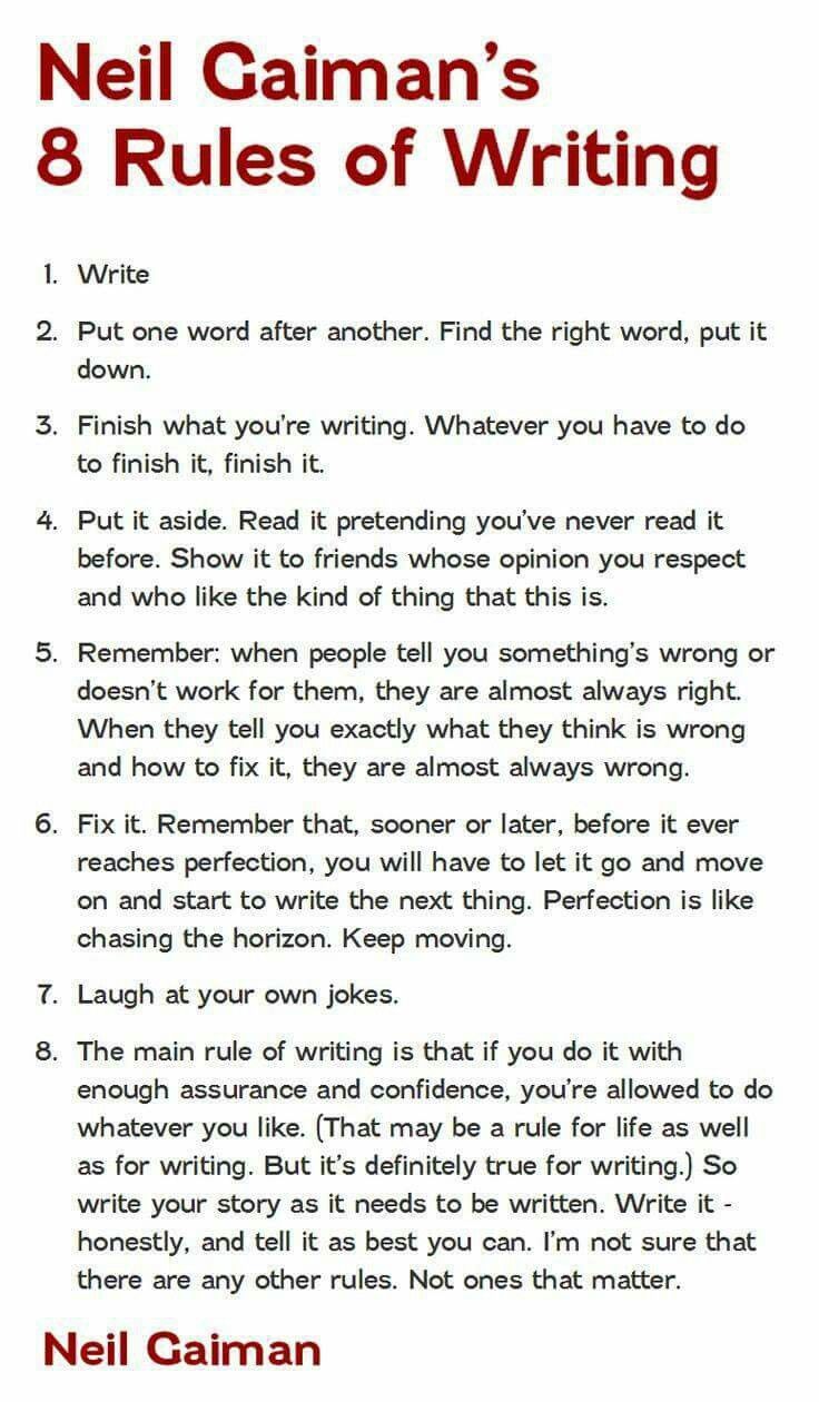 neil gaiman's 8 rules of writing, with the title in red and white