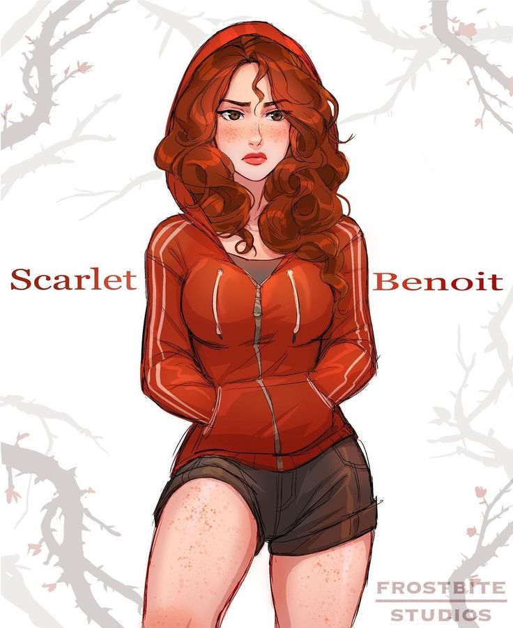 a drawing of a woman with red hair wearing shorts and a hoodie, standing in front of branches