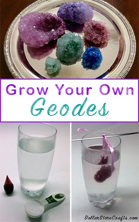 three pictures with different colored rocks in them and the words grow your own geodes