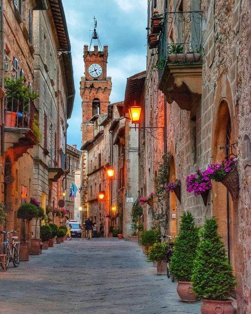 a clock tower is in the middle of an alley way with potted plants on either side