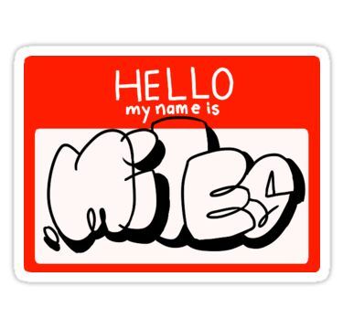 a red and white sticker with the words hello my name is