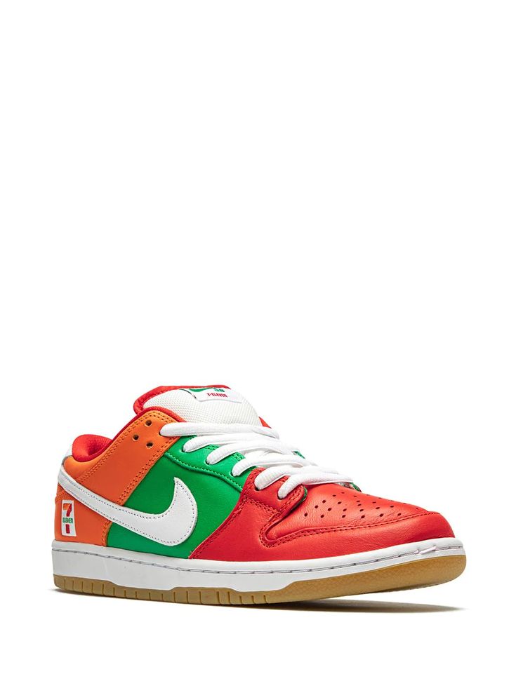 Shop orange & green Nike x 7 Eleven SB Dunk low-top sneakers with Express Delivery - Farfetch Sneakers With Logo-print Tongue And Round Toe, Green Sneakers With Logo And Round Toe, Green Round Toe Sneakers With Logo, Streetwear Sneakers With Embroidered Logo And Round Toe, Red Low-top Sneakers With Logo-print Tongue, Casual Multicolor Sneakers With Logo-print Tongue, Leather Skate Shoes With Logo-print Tongue, Leather Lace-up Skate Shoes With Logo-print Tongue, Sporty Low-top Custom Sneakers With Logo-print Tongue