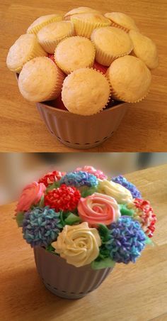 two pictures of cupcakes and flowers in a basket on a wooden table top