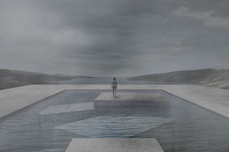 a person standing at the edge of a pool with mountains in the background and cloudy sky