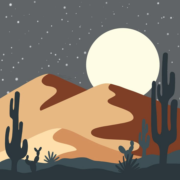 a desert scene with cacti and the moon