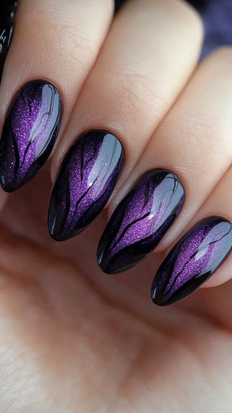 Fashion: #fashion, #style, #outfitinspiration, #beauty Purple And Silver Halloween Nails, October Nails Halloween Purple, Multi Color Halloween Nails, Black And Purple Halloween Nail Designs, Unique Purple Nails, Purple And Black Halloween Nails Designs, Purple Black Halloween Nails, Winx Club Inspired Nails, Cat Eye Purple Nails