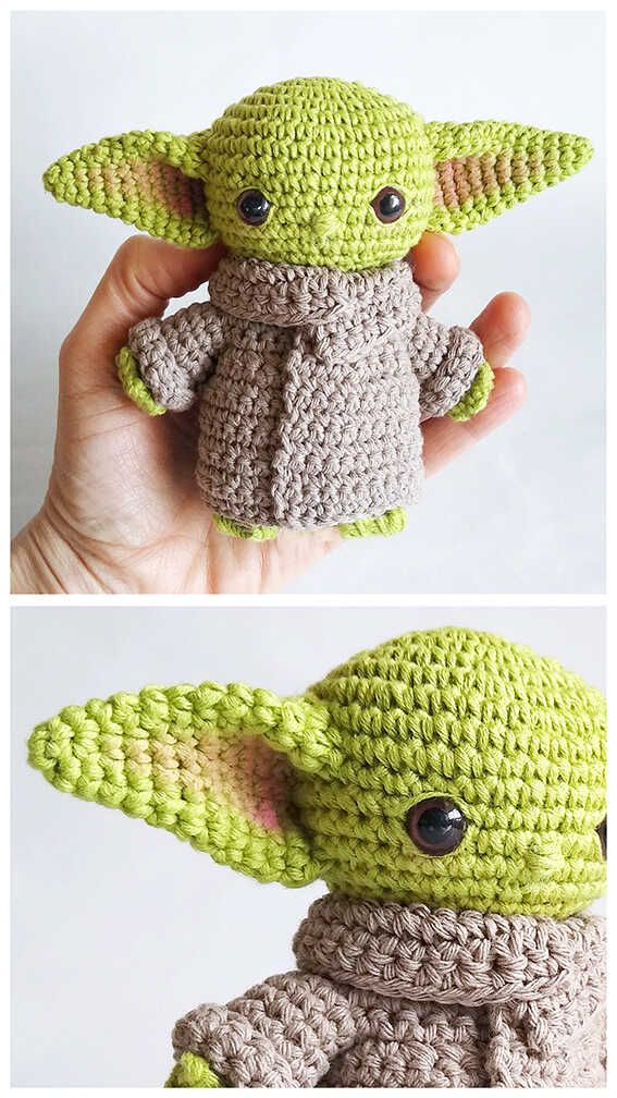 crocheted baby yoda doll is shown in two different photos, one with the head