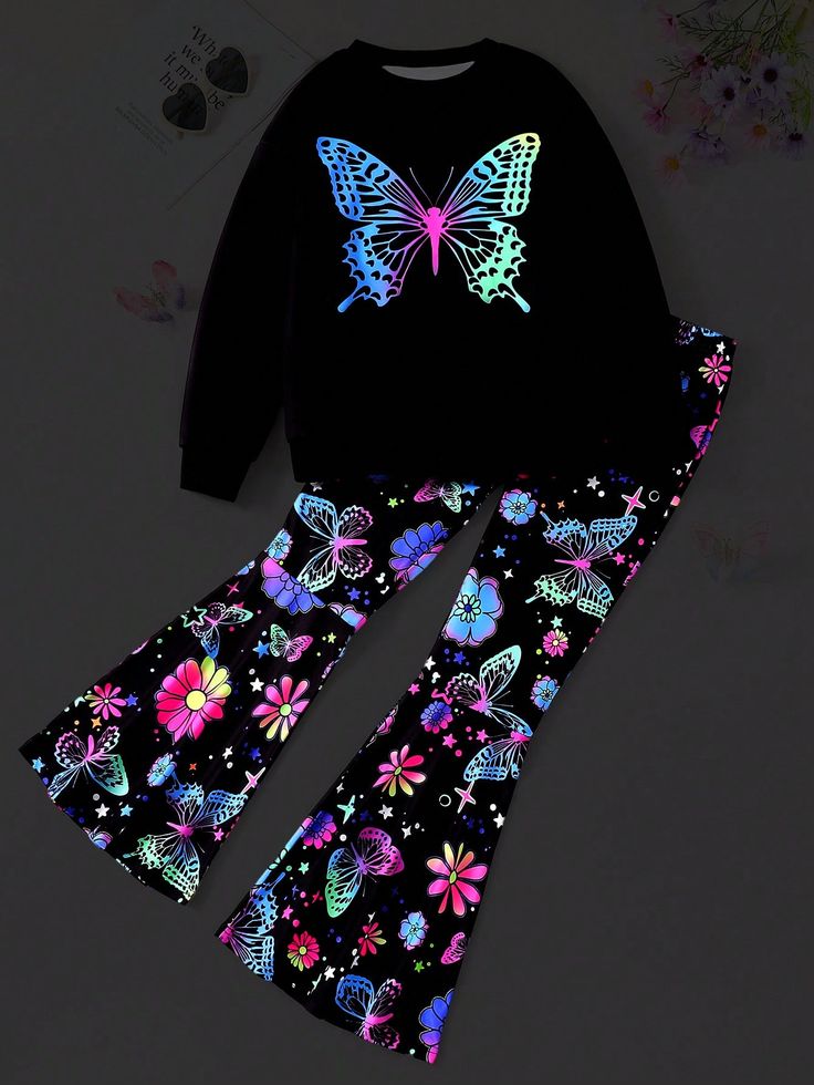 2pcs Tween Girl Casual Cute & Elegant Butterfly Pattern Long Sleeve Sweatshirt & Flare Pants Set, Suitable For Vacation & Leisure Wear In Autumn, Winter & Spring Multicolor   Three Quarter Length Sleeve Polyester,Knitted Fabric Animal,Floral,Letter,Butterfly  Slight Stretch  Tween Girls Clothing, size features are:Bust: ,Length: ,Sleeve Length: Casual Sweatpants Outfit, Flare Pants Set, Solid Color Sweater, Girls Tie, Bandana Hairstyles, Long Sleeve Sweatshirt, Butterfly Pattern, Kids Sleepwear, Casual Girl