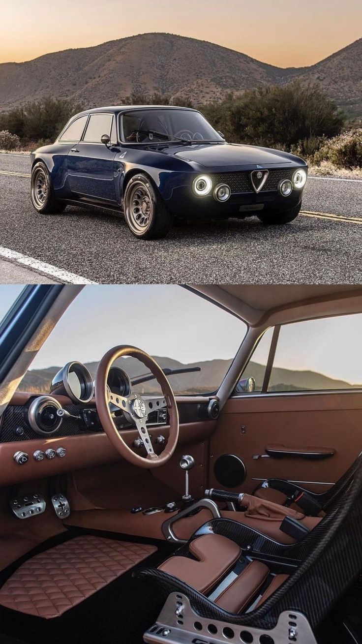 the interior and dashboard of an old car in two different pictures, one is brown