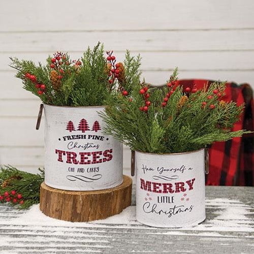 two christmas tins sitting on top of a wooden table with evergreen branches in them